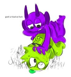 2boys durple_(sprunki) gay green_skin incredibox_mod lime_(sprunki) non-human owakcx_(sprunki) purple_(sprunki) purple_skin sprunki text tied_up toony white_background