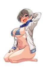 1girls alternate_version_available big_breasts bikini bikini_bottom bikini_top blue_eyes bottomwear breasts cleavage feet female female_only grey_hair hair hand_behind_head huge_breasts jacket one_eye_closed open_jacket rantia short_hair solo solo_female striped_bikini swimwear thick_thighs thighs topwear uzaki-chan_wa_asobitai! uzaki_hana wink winking