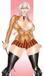 2014 black_legwear black_panties boots breasts brown_eyes cameltoe choker cleavage female glasses large_breasts looking_at_viewer loubotix no_bra open_clothes open_shirt panties parted_lips plaid plaid_skirt prison_school ribbon ribbon_choker riding_crop shiraki_meiko shirt short_hair silver_hair simple_background skindentation skirt smile solo standing teacher thighhighs unbuttoned underwear whip white_hair