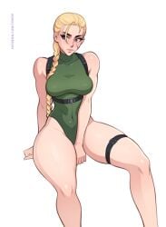 1girls 2d 2d_(artwork) abs blonde_hair blue_eyes braid braided_hair breasts cammy_white capcom cheek_scar facial_scar female female_focus female_only hi_res high_resolution highres large_breasts leotard scar simple_background solo solo_female solo_focus street_fighter thighs toksie wide_hips