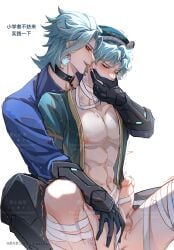 2boys abs akademiya_uniform bandage bandages blue_hair blush blush blush_lines choker closed_eyes covering_mouth dottore_(genshin_impact) earrings erection erection_under_clothes exposed_nipples exposed_torso fatui fully_clothed genshin_impact gloves half-dressed half_naked hand_between_legs hand_on_mouth handwear looking_at_partner male male/male male_only muscles precum precum_drip press red_eyes selfcest spread_legs spreading wrapped wraps yaoi