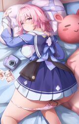 1girls honkai:_star_rail honkai_(series) march_7th_(honkai:_star_rail) photograph pillow pillow_grab pink_hair pink_panties skirt_lift zuikillme