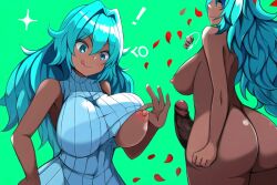 ai_generated aqua_eyes aqua_hair big_butt dark-skinned_futanari flower_petals futanari green_background juicy_butt looking_down novelai pullthetriggeryoubitch sweater tagme thick_thighs