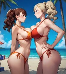 2girls ai_generated ann_takamaki beach big_breasts bikini blonde_hair blue_eyes breast_press breasts brown_eyes brown_hair dominant_female female female_only height_difference kujikawa_rise lt4_ai multiple_girls persona persona_4 persona_5 side_view stable_diffusion swimsuit swimwear symmetrical_docking taller_girl twintails yuri