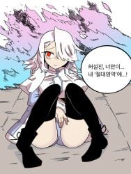 female female_only fully_clothed jjong legwear nagi_(player) on_the_floor one_eye_obstructed panties player_(oh_hyeon-jun) red_eyes white_hair