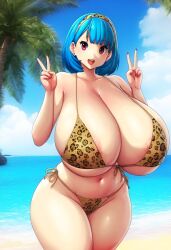 ai_generated ameanon beach big_breasts bikini blue_hair breasts breasts_bigger_than_head cleavage double_peace_sign gigantic_breasts huge_breasts large_breasts leopard_print pink_eyes rina_atherina rina_atherina_(errorkazoo) sideboob thick_thighs underboob