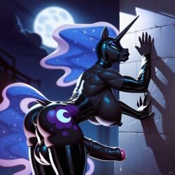 ai_generated anthro anus balls bimbo_lips futa_only futanari horsecock huge_cock latex leaning_against_wall moon my_little_pony nightmare_moon_(mlp) penis ponut pony princess_luna_(mlp) thighhighs