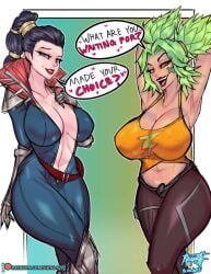 2girls armpits arms_up belly belly_button belt big_breasts black_hair blue_eyes bodysuit breasts clothed clothing eyebrows eyelashes female_focus female_only finger_to_mouth green_hair hair_ornament half-closed_eyes heart heart heart-shaped_pupils inner_sideboob league_of_legends lipstick long_hair looking_at_viewer orange_eyes ponytail shinda292 short_hair sideboob slut slutty_clothing slutty_outfit spiky_hair standing tank_top teasing teasing_viewer thick_thighs tight_clothing tight_fit twintails vayne zeri_(league_of_legends)