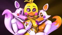 3d 3d_(artwork) 4k animatronic bedroom_eyes bird_girl black_eyes blue_eyes disboi215 five_nights_at_freddy's five_nights_at_freddy's:_sister_location five_nights_at_freddy's_2 five_nights_at_freddy's_world fnaf_world fox_ears fox_girl fox_tail glowing_eyes hand_on_stomach highres horny horny_expression horny_eyes horny_female licking_breast licking_nipple lolbit_(fnaf) mangle_(fnaf) open_mouth orange_body orange_breasts orange_nipples pinching_nipple pink_body pink_breasts pink_nipples purple_cheeks purple_lipstick purple_tongue red_cheeks red_lipstick red_tongue resting_head resting_on_breasts resting_on_partner robot rosy_cheeks sfm shiny_skin source_filmmaker tongue tongue_out toy_chica_(fnaf) white_body white_eyes yellow_body yellow_breasts yellow_eyes