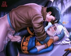 1boy 2dnsfw 2dswirl artist_name batman_(series) big_balls big_breasts big_penis black_gloves black_hair blue_eyes bodysuit breasts brown_jacket dc dc_comics female female_focus female_on_top female_only female_penetrated gloves grey_bodysuit highres jacket jason_todd long_hair male medium_breasts multicolored_hair muscular muscular_male open_mouth penis pussy ravager red_hood_(dc) red_hood_and_the_outlaws rose_wilson sex shirt short_hair signature straight streaked_hair superhero_costume tongue two-tone_bodysuit two-tone_hair uncensored vaginal vaginal_penetration vaginal_sex veiny_penis white_hair