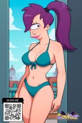 ai_generated aqua_bikini bikini blue_bikini blue_sky breasts cleavage clothing cloud day female female futurama hair_over_one_eye large_breasts lips lipstick long_hair makeup medium_breasts navel ponytail purple_hair savitar savitar_(artist) sky smile solo swimsuit tied_hair