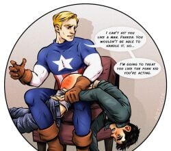 2021 2boys artofotk blonde_hair blush captain_america chair discipline hero_and_villain male_only marvel marvel_comics no_visible_genitalia otk_spanking pants_down parker_robbins spanking speech_bubble steve_rogers