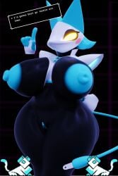 android anthro areola big_breasts blush blush_stickers breasts darkner deltarune dialogue felid feline female floating_hands genitals geodat64 glowing glowing_eyes hi_res huge_breasts machine mammal nipples pussy robot solo tail tasque_manager undertale_(series) yellow_eyes