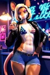 3d abs ai_generated annoyed anthro bikini_top blonde_hair brown_eyes cigarette cigarette_in_mouth cleavage eyeshadow female female_focus female_only flag_bikini furry furry_female furry_focus furry_only half_jacket holding_drink in_public leather_jacket looking_at_viewer majorfluffy midriff novelai pink_eyeshadow possum short_hair short_shorts small_breasts solo solo_focus tagme thick_thighs two-tone_fur wide_hips