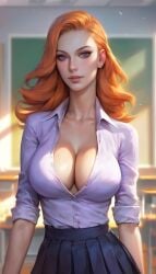 ai_generated big_breasts bimbo busty classroom cleavage jessica_(rick_and_morty) large_breasts orange_hair purple_clothing red_hair rick_and_morty