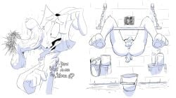 animal_humanoid anthro bav bucket buckteeth container english_text hi_res humanoid imminent_sex lagomorph lagomorph_humanoid lube_bottle male male/male mammal mammal_humanoid monochrome penis_against_cheek tagme teeth text through_wall vab_(bav)