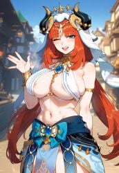 1girls ai_generated big_breasts color dancer_outfit female female_only genshin_impact huge_breasts large_breasts looking_at_viewer miyuai nilou_(genshin_impact) nipple_slip red_hair smile smiling_at_viewer toned_female toned_stomach voluptuous voluptuous_female waving waving_at_viewer wink winking_at_viewer