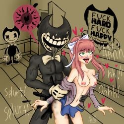 ahe_gao bendy bendy_and_the_ink_machine blush breasts breeding chin crossover cum_in_pussy cum_inside demon doggy doki_doki_literature_club eyes female green horror hose ink kitterbitter male/female monika_(doki_doki_literature_club) monster on pointy ponytail rubber style tongue_out wtf