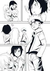 1boy 2girls aegisherofallen black_and_white blush blushing crossover eastern_and_western_character female human male monochrome multiple_girls naruto ruby_rose rwby sisters straight threesome uzumaki_naruto yang_xiao_long