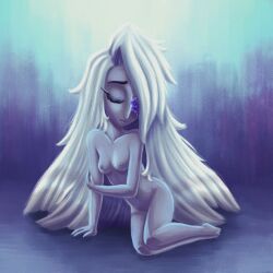 angel angel_girl artistic_nude demon demon_girl eyes_closed flower grey_skin hazbin_hotel long_hair nonsexual_nudity painting_(artwork) petite petite_body petite_breasts petite_female shaded small_breasts solo solo_female vaggie_(hazbin_hotel) vivienne_medrano white_hair zealotiv