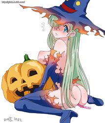 anal_beads ass blue_eyes blush boots breasts dated earrings elizabeth_liones female ginko_(silver_fox) hair_over_one_eye halloween hat jack-o'-lantern jewelry long_hair looking_at_viewer nanatsu_no_taizai nipples nude short_hair silver_hair sitting solo sweatdrop tears torn_clothes wariza watermark web_address witch_hat