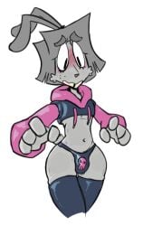 4_fingers bav blush bulge cheek_tuft clothing cropped_hoodie facial_tuft fingers grey_body hoodie humanoid lagomorph legwear male mammal midriff navel non-human non-human_only paggi_outfit skinny solo tagme thigh_highs tied_ears toony topwear tuft vab_(bav)