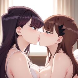 2girls ai_generated bare_shoulders bedroom blush breast_press breasts brown_hair female female_only french_kiss kissing komi-san_wa_komyushou_desu komi_shouko multiple_girls passionate_kiss purple_eyes purple_hair white_bra yamai_ren yuri