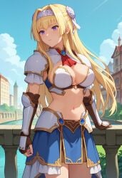 1girls ai_generated alicia_arcturus armor blonde_hair civitai female female_focus kuroinu_(series) kuroinu_~kedakaki_seijo_wa_hakudaku_ni_somaru~ navel purple_eyes