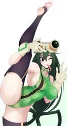 1girls athletic_female barefoot big_breasts big_thighs dark_eyes feet flexible green_hair hairy hero_outfit_(mha) looking_at_viewer my_hero_academia soles swimwear thick_thighs toe_scrunch toes toes_scrunch tongue_out tsuyu_asui