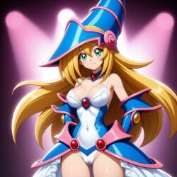 ai_generated blonde_hair breasts cameltoe dark_magician_girl green_eyes hat legs necklace wedding_dress yu-gi-oh!