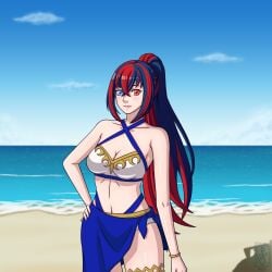 1girls alear_(female)_(fire_emblem) alear_(fire_emblem) beach bikini blue_and_red_hair blue_sky cleavage female fire_emblem fire_emblem_engage heterochromia nintendo ocean red_and_blue_eyes red_and_blue_hair sokloeum