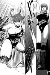 black_and_white chainsaw_man denji_(chainsaw_man) femdom huge_breasts leotard makima_(chainsaw_man) mixed_wrestling translation_request wrestling wrestling_ring