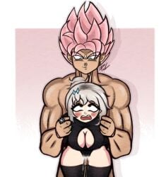 1boy 1boy1girl avrilxddc breasts breasts brown_eyes cum cum_in_pussy cum_inside doggy_style dragon_ball dragon_ball_super eyelashes female goku_black holding muscles neckline pink_hair potara_earrings self_insert sex socks thighs time_ring vaginal_penetration white_hair white_skin