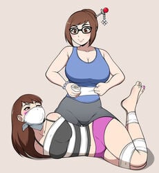 2girls arms_behind_back asian blush bondage bound bound_ankles bound_arms bound_legs bound_torso bracelet brown_hair cloth_gag d.va feet female female_only femsub gag gagged glasses happy_sub jam-orbital large_breasts legs lezdom looking_back mei_(overwatch) microfoam microfoam_tape multiple_girls nail_polish one_eye_closed over_the_nose_gag overwatch panties pink_nails pink_toenails roll_of_tape smile tape_bondage taped_ankles taped_arms taped_legs tied_up toenail_polish toenails white_tape wink yuri