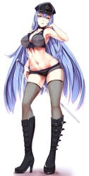 1girls akame_ga_kill! black_panties blue_eyes blue_hair boots breasts choker covered_nipples esdeath_(akame_ga_kill!) female female_only hat high_heel_boots high_heels highres large_breasts long_hair looking_at_viewer nipples packge panties peaked_cap see-through simple_background smile solo sword uncensored underwear very_long_hair weapon white_background