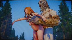 belly_bulge cell_shading female game_screenshot giant no_sound red_hair size_difference skyrim tagme video