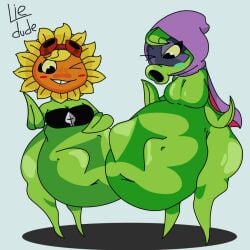 1girls 2girls anthro anthrofied ass belly belly_bulge breasts digestion fat female female_pred flora_fauna green_shadow_(pvz) peashooter_(pvz) plant plant_girl plant_humanoid plantie plants_vs._zombies plants_vs_zombies popcap_games pred pussy solar_flare_(pvz) sunflower_(pvz) vore vore_belly