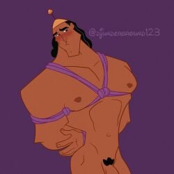 1boy 2022 arms_behind_back artist_signature blush bondage bound disney djunderground123 embarrassed enmtoonz himbo human human_only humiliation kronk male male_focus male_only muscle pubic_hair purple_background rope rope_bondage the_emperor's_new_groove