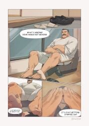 clothing comic dad_bod facial_hair feet feet_on_face feet_worship foot_fetish gay kuki1210 male male_only moustache sitting size_difference speech_bubble