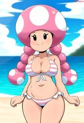 aged_up ai_generated beach bikini breasts female_focus mario_(series) mushroom_humanoid navel nintendo novelai pink_hair super_mario_bros. toadette twin_braids