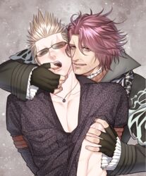 2boys ardyn_izunia facial_hair final_fantasy final_fantasy_xv gay glasses ignis_scientia looking_at_viewer male male/male male_only multiple_boys nipple pigno shirt_lift undressing yaoi