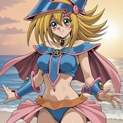 ai_generated beach blonde_hair breasts cape dark_magician_girl green_eyes mage_hat swimsuit yu-gi-oh!