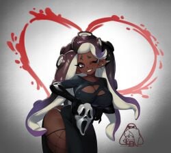 big_breasts blood breasts cleavage cleavage_cutout dark-skinned_female dress ear_piercing elbow_gloves fishnet_stockings fishnets ghostface_(cosplay) gloves heart latex latex_gloves little_blood marina_(splatoon) mask nintendo nipples nipples_visible_through_clothing no_bra no_bra_under_clothes panties piercing purple_hair scream_(franchise) side_slit splatoon splatoon_2 tentacle_hair thighhighs two-tone_hair watermark white_panties wink