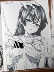 1boy bar_censor breasts censored cum_on_chest dated eyebrows_hidden_by_hair female grabbing_another's_head greyscale hair_between_eyes highres long_hair looking_at_viewer medium_breasts monochrome nipples open_mouth out_of_frame penis photo_(medium) signature simple_background suou_yuki sweat tokidoki_bosotto_russian_de_dereru_tonari_no_alya-san traditional_media tsujizen upper_body veins veiny_penis very_long_hair white_background