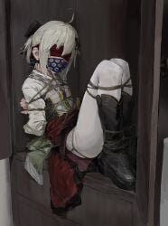 a_tea arknights blindfold bondage bondage bondage boots bound closet cloth_gag gag highres improvised_gag mask mouth_mask pants ponytail restrained scene_(arknights) white_hair yellow_eyes