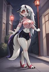 ai_generated breasts cleavage female furry gondor952 hellhound helluva_boss high_heels jizoku_(ai_style) loona_(helluva_boss) skirt thick_thighs thighs wet_clothes wet_dog