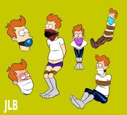 2016 ball_gag blush bondage futurama gag gag_bondage gagged gags jagged-808 male philip_j_fry plain_background poses rope socks submissive_male sweatdrop tights tube_socks