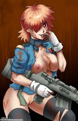 blonde_hair blood breasts gun hand_drawn_curves hellsing john_joseco large_breasts licking licking_fingers pubic_hair pussy red_eyes rifle seras_victoria short_hair stockings torn_clothes vampire weapon