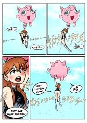 4koma ass biku black_dress boots brown_hair comic creatures_(company) dress dress_lift english_text game_freak green_(pokemon) jigglypuff navel nintendo open_mouth panties panty_pull peeing pokemon pokemon_(species) pokemon_adventures pussy speech_bubble thighhigh_boots underwear white_boots white_footwear