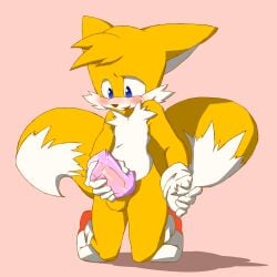 anthro balls blush bodily_fluids canid canine cum exposed_torso footwear fox genital_fluids genitals handwear hi_res jimnydaisuki kneeling male mammal manual masturbation penetrable_sex_toy penis sega sex_toy solo sonic_(series) sonic_the_hedgehog_(series) tails tails_the_fox